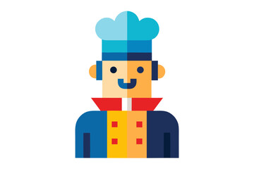Happy Chef Icon: A cheerful cartoon chef icon, designed in a vibrant, geometric style, perfect for culinary websites or food-related projects.