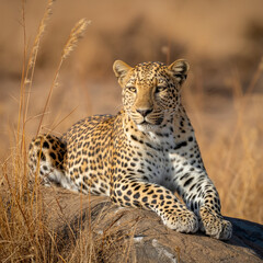 Leopard resting on a rock in dry grass big cat wild animal