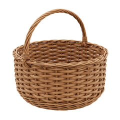 Empty, perfectly round light brown willow wicker basket with intricate woven pattern and an integrated handle, isolated on a transparent background with shadowless studio lighting, ultra-realistic