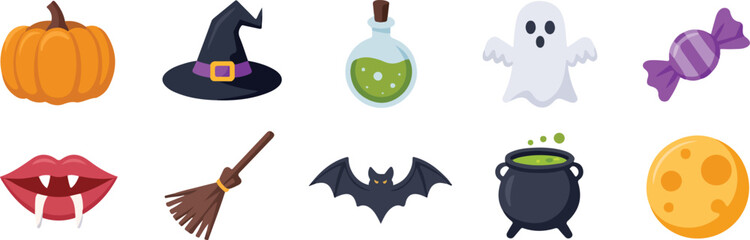 Halloween symbols including pumpkin witch hat potion ghost candy vampire lips broom bat cauldron and moon vector png isolated on white background bundle set 2025 download