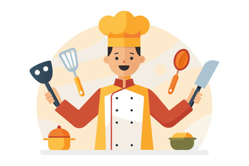 The Culinary Maestro: A cheerful cook, adorned in traditional culinary attire, brandishes an assortment of kitchen utensils, embodying the spirit of a culinary artist.