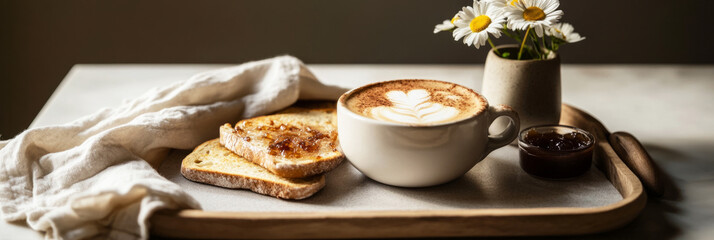 Savoring a warm cup of coffee alongside crispy toast on a lazy morning. A small vase of fresh flowers adds a cheerful touch to the breakfast tray, enhancing the cozy atmosphere