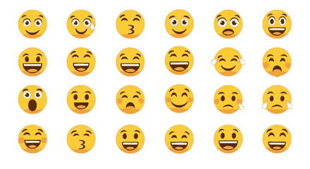 Collection of yellow emoji faces displaying a range of emotions, including joy, sadness, surprise, and love.