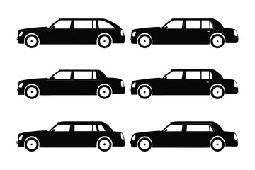 Limousine Silhouettes Collection: A set of six sleek limousine silhouettes, showcasing various body styles and lengths, ideal for design projects requiring elegant and stylish transportation imagery.