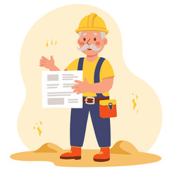 Elderly builder with helmet. Senior construction worker. Mature man in safety gear. Old engineer on job site.
