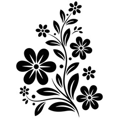 Floral design with leaves and blossoms in black ink