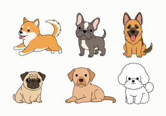 Cute Outline Cartoon Dogs Different Breeds Illustration Collection
