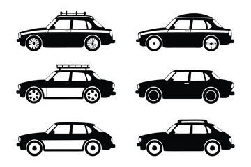 Obraz premium Vintage Car Collection: A collection of classic cars in striking black and white silhouette, showcasing diverse body styles and roof details.