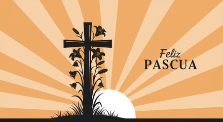 Feliz Pascua Floral Cross with Rising Sun | Easter Greeting Card Design in Spanish for Religious Celebrations and Marketing