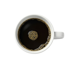 transparent ceramic coffee mug filled with hot opaque black coffee, rich golden-brown crema, delicate bubbles, top-down shot on immaculate transparent background, no shadows, professional