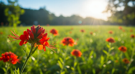 Red Blooming Flower with Bright Petals in Sunny Outdoor Meadow
