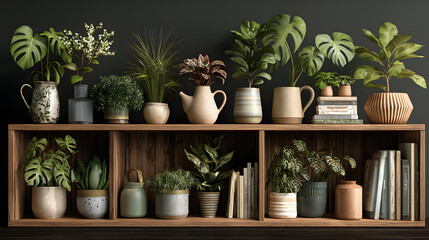 a contemporary style bookshelf adorned with plants that serves as a modern decorative element for virtual office backdrops studio backgrounds or can be printed in a large format to enhance a back