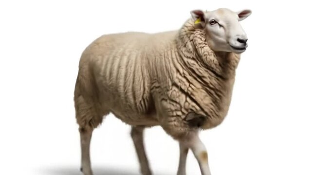 Full Body Studio Footage of a White Sheep Standing and Walking on Isolated Background Ready for