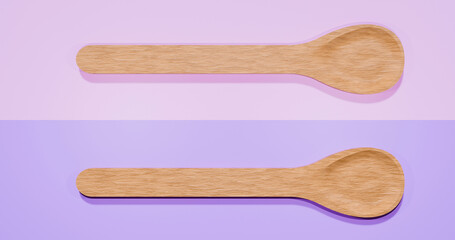 Two wooden textured soup spoons on a two colored surface top view