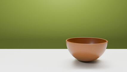 Wooden japanese bowl on a kitchen desk with green nature background