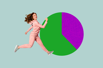 Trendy art creative full pop photo collage of happy businesswoman businessman walk diagram graph...