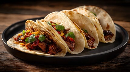 Delicious beef tacos with fresh cilantro and peppers on a black plate dish
