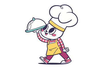 Chef Character Cartoon: An adorable cartoon chef character, with a big smile, confidently carries a food cloche, ready to serve delicious food.