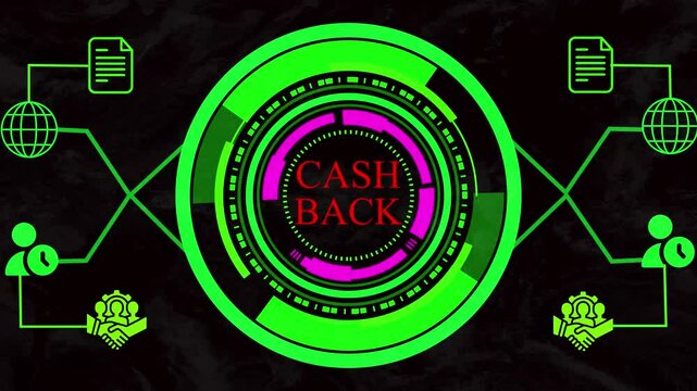 CASH BACK .Managing projects for innovation and growth. Animated digital project management phonographic with indicators illustrating global reach business