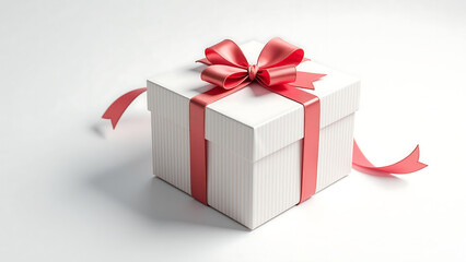 Obraz premium beautifully wrapped gift box adorned striped paper vibrant bow flowing string sits atop crisp white background illuminated