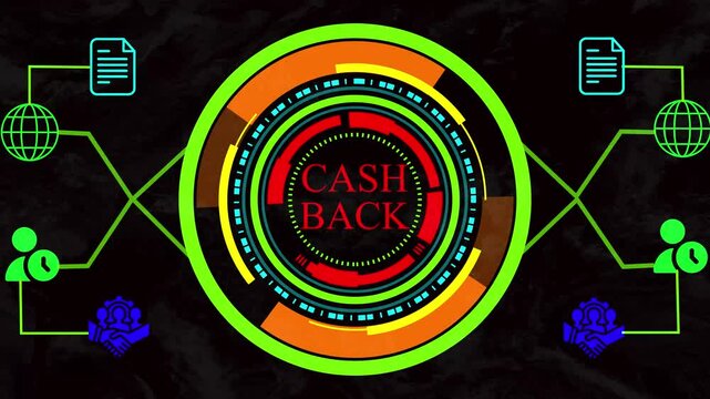 CASH BACK .Managing projects for innovation and growth. Animated digital project management phonographic with indicators illustrating global reach business