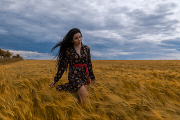 beautiful brunette woman strolls gracefully through golden wheat field soft wind plays with her...