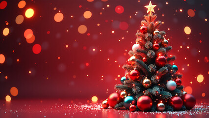 bright red christmas tree stands amidst vibrant festive decorations sparkling lights kaleidoscope colorful ornaments bustling