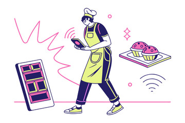 Culinary Tech Integration: A chef, apron-clad and poised, navigates a digital tablet, the glow of technology intertwining with the art of culinary creation, featuring digital interaction.