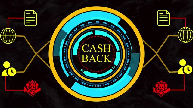 CASH BACK .Managing projects for innovation and growth. Animated digital project management phonographic with indicators illustrating global reach business