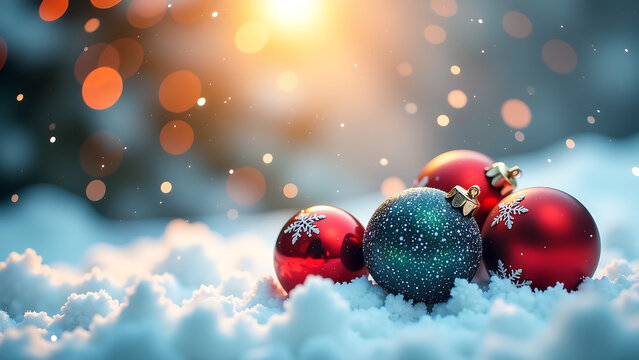 cluster colorful christmas balls surrounded snowflakes reflected halo soft warm light amidst swirling winter abstract