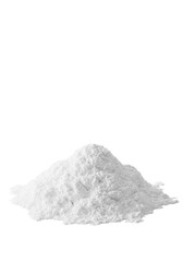 transparent, fluffy, finely textured powder heap resembling snow or confectioner's sugar, with an undulating granular surface, against a transparent background with copy space, soft high-key