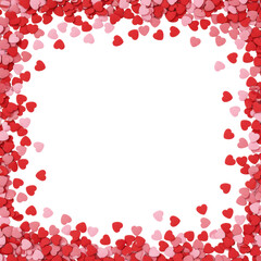 Ultra realistic overhead flat lay of scattered vibrant red and soft pink heart confetti on a transparent studio background with soft shadows and negative space in the bottom left, concept of