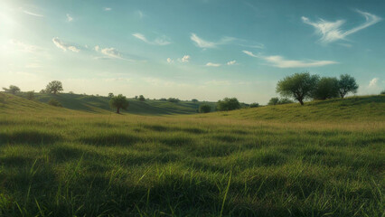 Obraz premium Endless Green Grass Landscape under Blue Sky