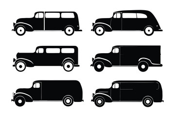 Classic Vehicles: A collection of vintage vehicles, illustrated in stark silhouette, evoking nostalgia for bygone eras, ideal for design projects.