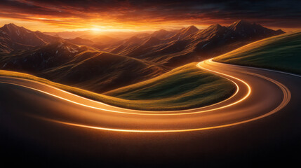 Envision a curved pathway extending to the distance illuminated by the warm radiant glow of sunrise representing the path to achievement. Golden light trails a winding route toward
