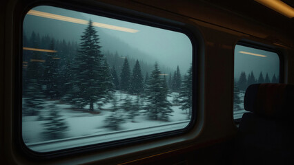 View from the window of a moving cozy train, motion blur on snowy pine trees and mountain landscape