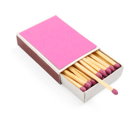 Matches in box isolated on white. Mockup for design