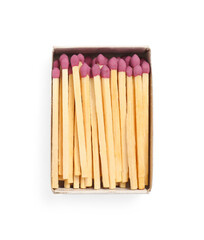 Matches in open box isolated on white, top view