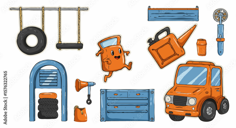 Fototapete whimsical graphic collection of maintenance and transportation items in a bright orange and teal col