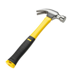 Pristine claw hammer with polished silver metal head, vibrant yellow fiberglass handle, and black ergonomic rubber grip with yellow accents, presented on a transparent isolated background, no shadows.