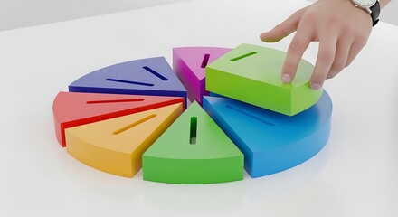 Pie Chart Puzzle: A hand inserts a colorful piece into a segmented pie chart, symbolizing integration, analytics, or strategic planning and teamwork. Capturing elements of business and innovation.