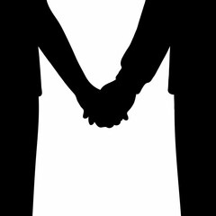 A romantic couple  expressing intimacy and connection through joined hands in a minimalist black cutout on a stark white backdrop with empty space for text.