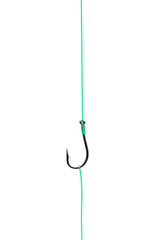 Reflective silver fishing hook, needle-sharp point, emerald green line tautly knotted, extending vertically on transparent studio background, extreme close-up. Concept of precision product quality