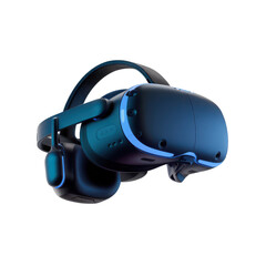 Futuristic dark blue virtual reality headset with glowing blue accents isolated on transparent background