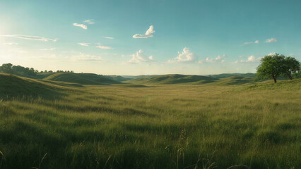 Obraz premium Endless Green Grass Landscape under Blue Sky