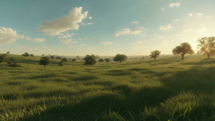 Obraz premium Endless Green Grass Landscape under Blue Sky