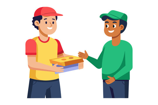 Quick Pizza Delivery: A vibrant cartoon illustration captures the essence of swift and reliable food delivery, as a cheerful delivery person hands over a fresh pizza box to an awaiting customer.
