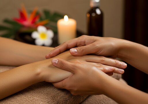 Relaxing hand massage with candle light and tropical flower arrangement - Powered by Adobe