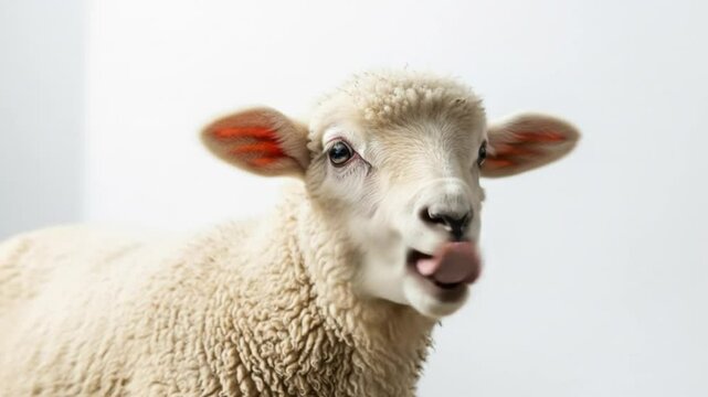 An adorable young white lamb displays a variety of cute and expressive facial reactions with