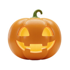 A close up of a jack o lantern with a green stem against a black background in a studio setting